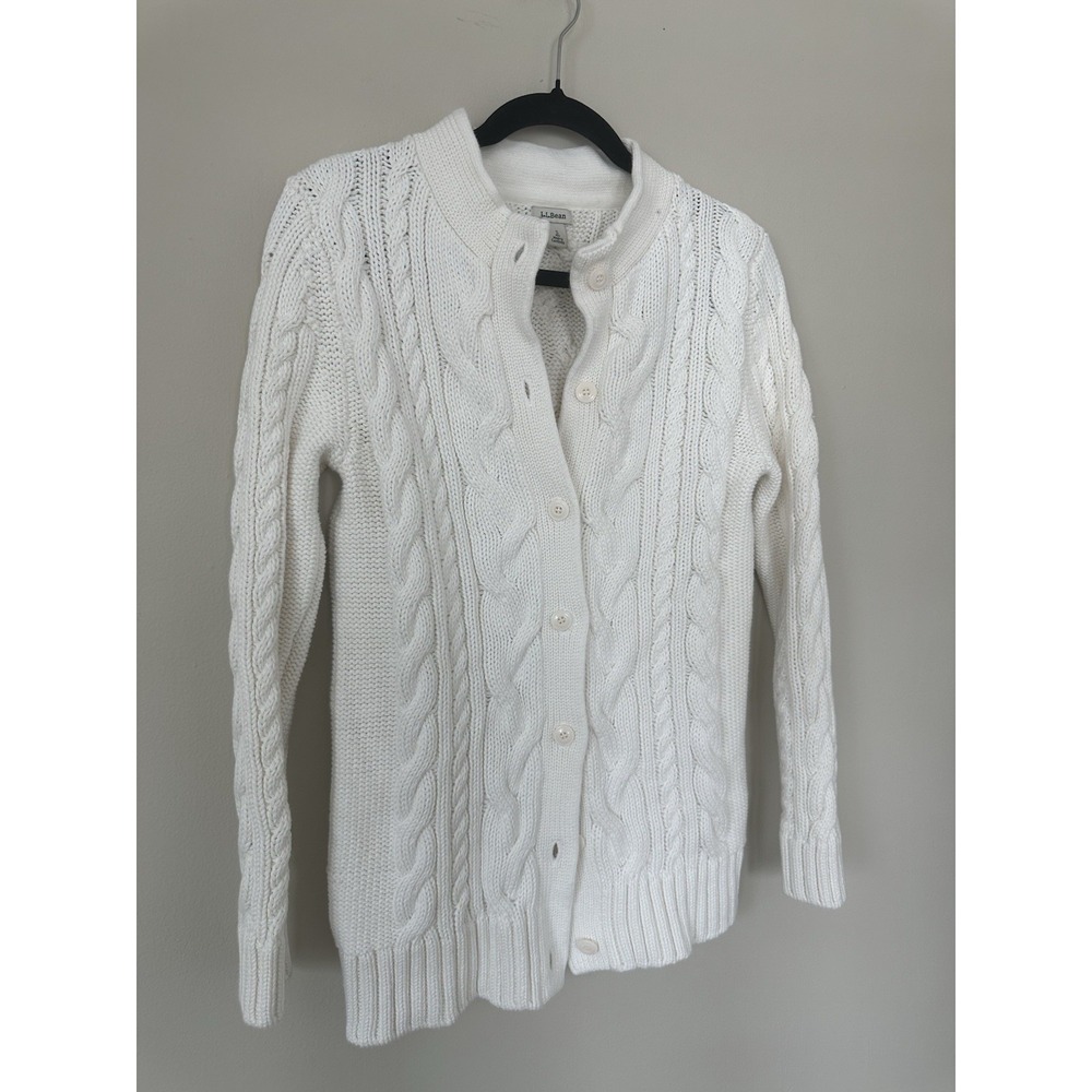 VTG LL Bean Heavy Cable Knit Nordic 100% Cotton Cable Knit Cardigan White - Picture 3 of 15